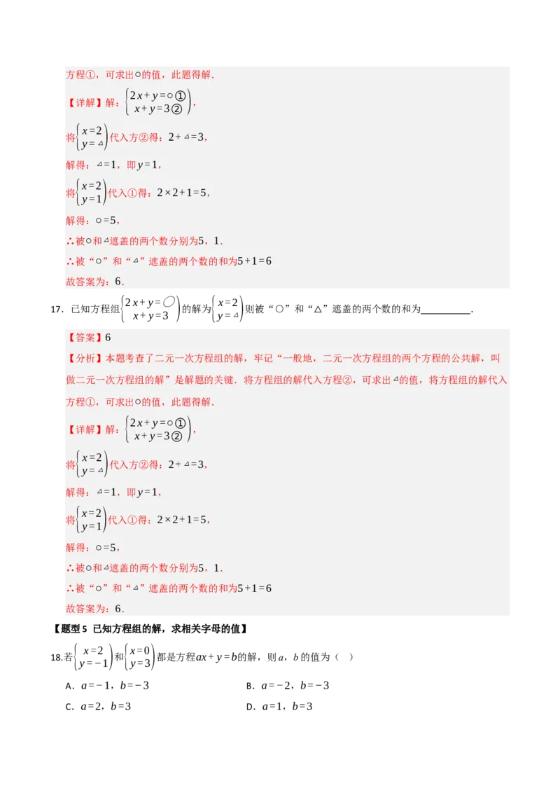 专题06解二元一次方程组与含参数的二元一次方程组（八大题型）（教师版）_初中数学_七年级数学下册（人教版）_重难点题型高分突破-U207