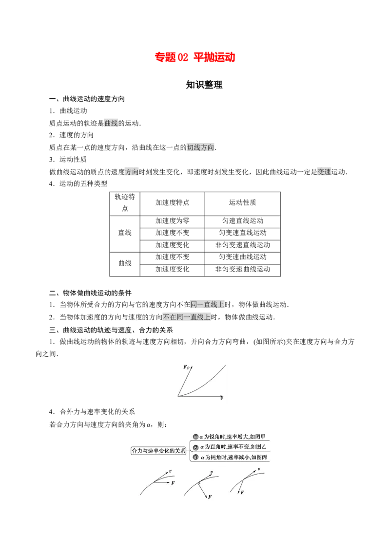 专题02抛体运动知识梳理-高一物理下学期期中专项复习（新教材人教版）_高中九科知识点归纳。_人教版高中Word电子版试卷练习试题知识点全科_高中物理试卷习题_物理必修_必修2