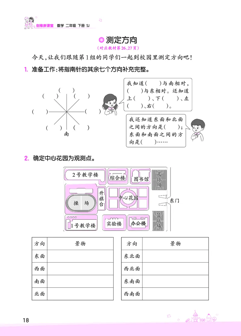 第3单元认识方向复习与单元过关检测_二年级数学下册（苏教版）_第四套_单元测试_赠送王朝霞创维同步优化训练(苏教版)