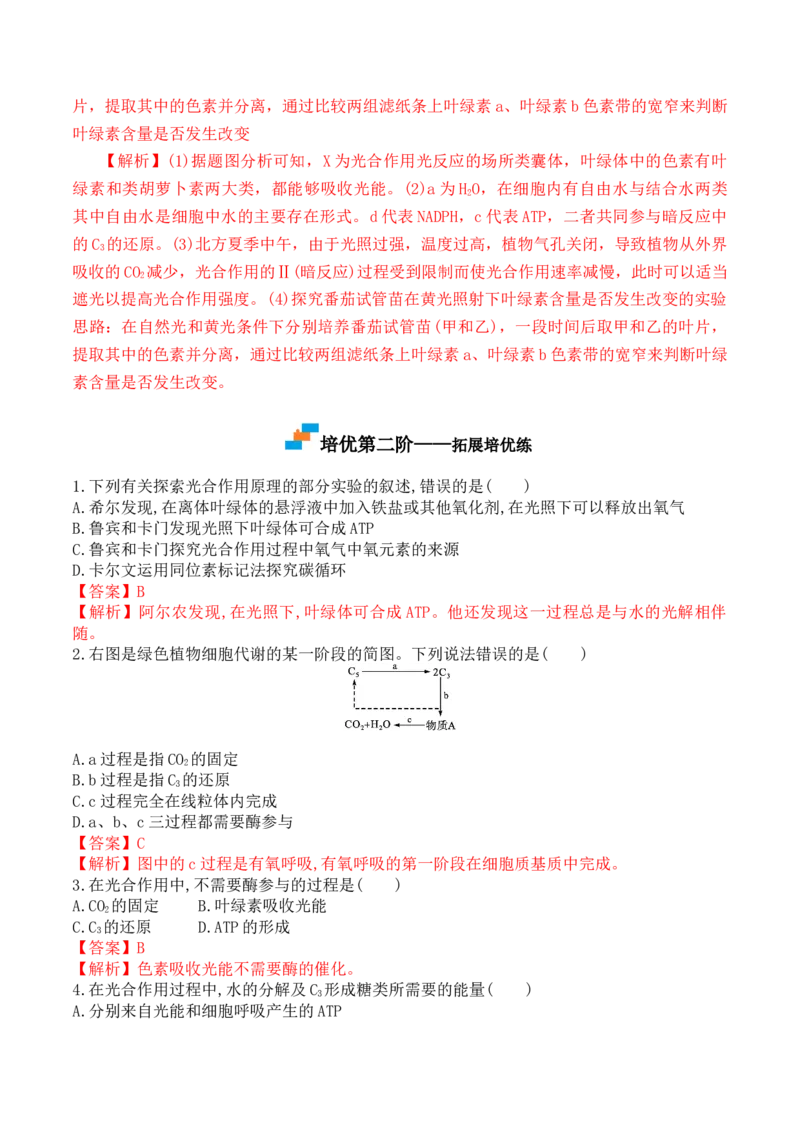 5.4.2光合作用的原理和应用-高一生物上学期课后培优分级练（2019人教版必修1）（解析版）_高中九科知识点归纳。_人教版高中Word电子版试卷练习试题知识点全科_高中生物试卷习题_必修1
