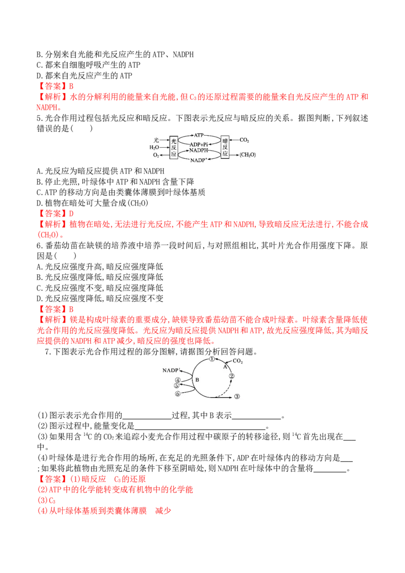 5.4.2光合作用的原理和应用-高一生物上学期课后培优分级练（2019人教版必修1）（解析版）_高中九科知识点归纳。_人教版高中Word电子版试卷练习试题知识点全科_高中生物试卷习题_必修1