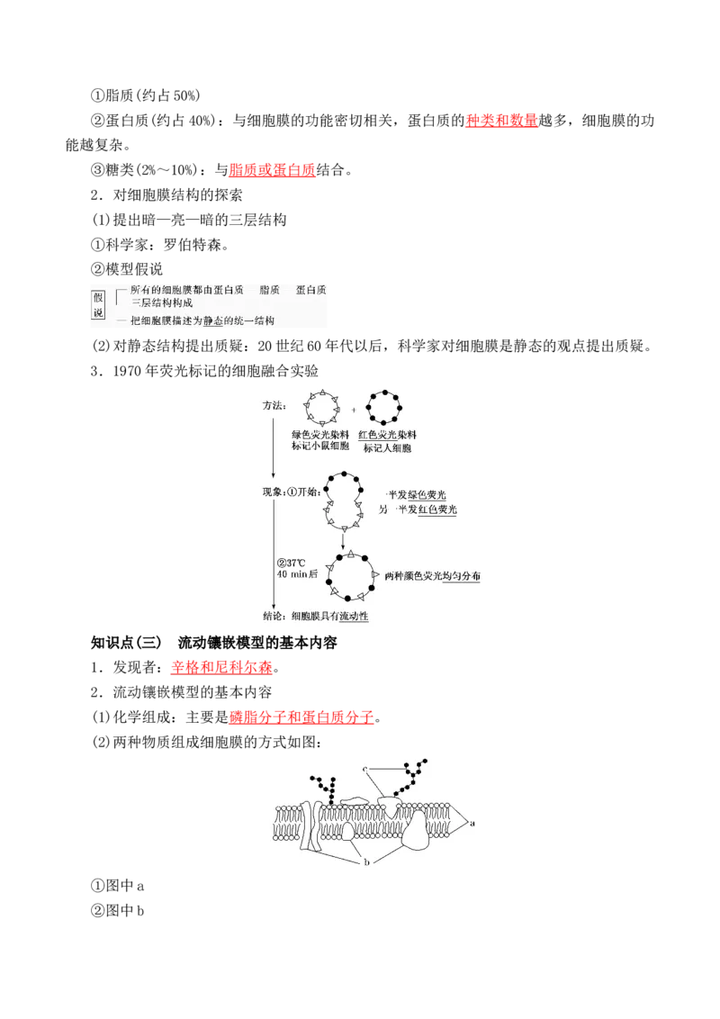 3.1细胞膜的结构和功能-高一生物上学期课后培优分级练（2019人教版必修1）（解析版）_高中九科知识点归纳。_人教版高中Word电子版试卷练习试题知识点全科_高中生物试卷习题_生物必修