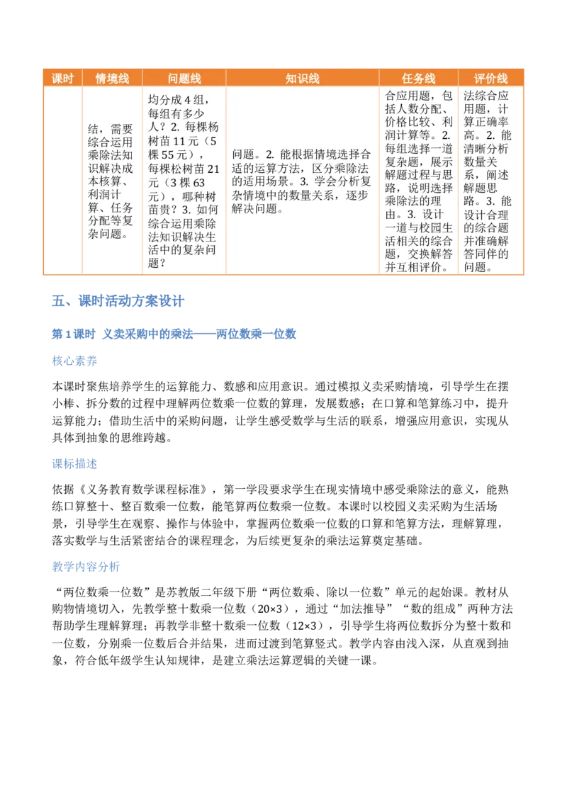 第3单元两位数乘、除以一位数（大单元整体教学设计）数学苏教版二年级数学下册（新教材）_二年级数学下册（苏教版）_第二套_04大单元教学设计