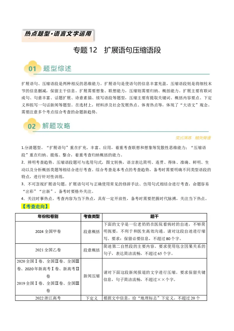 专题12扩展语句压缩语段类语用题型分类（原卷版）_01高考语文_52025年新高考资料_二轮复习_2025年高考语文二轮热点题型归纳与变式演练（新高考通用）339798018_题型突破