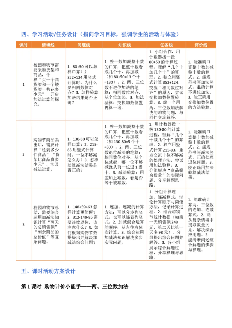第6单元两、三位数的加法和减法（大单元整体教学设计）数学苏教版二年级数学下册（新教材）_二年级数学下册（苏教版）_第二套_04大单元教学设计