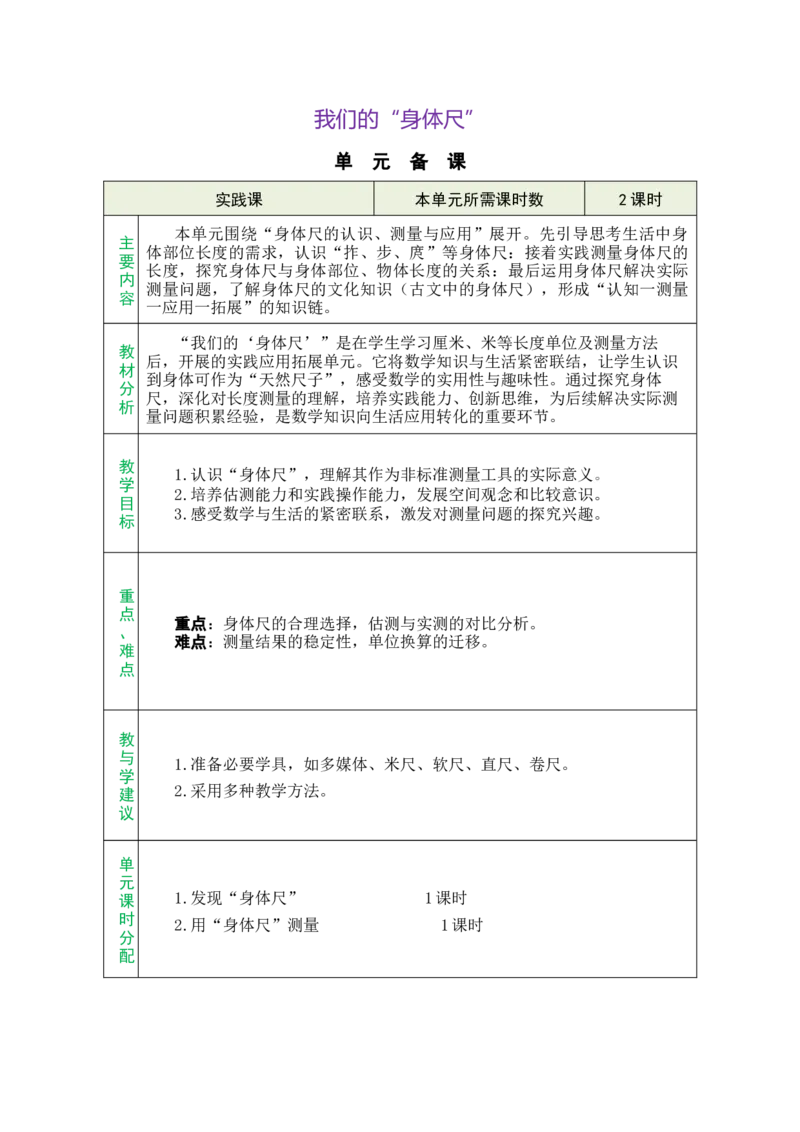 我们的&ldquo;身体尺&rdquo;总教案_二年级数学下册（苏教版）_第五套_03全册教案_我们的&ldquo;身体尺&rdquo;