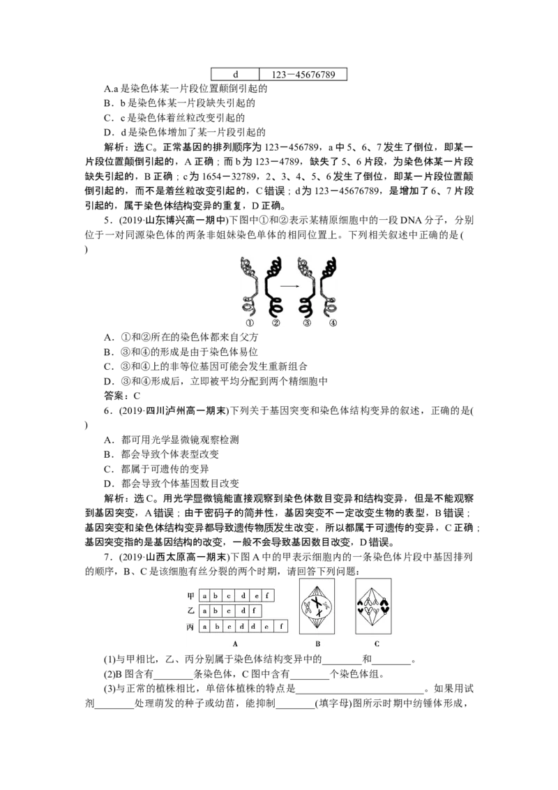 《第2节染色体变异》随堂达标检测_高中九科知识点归纳。_人教版高中Word电子版试卷练习试题知识点全科_高中生物试卷习题_生物必修_必修2_人教版生物必修二单元测试（012份）
