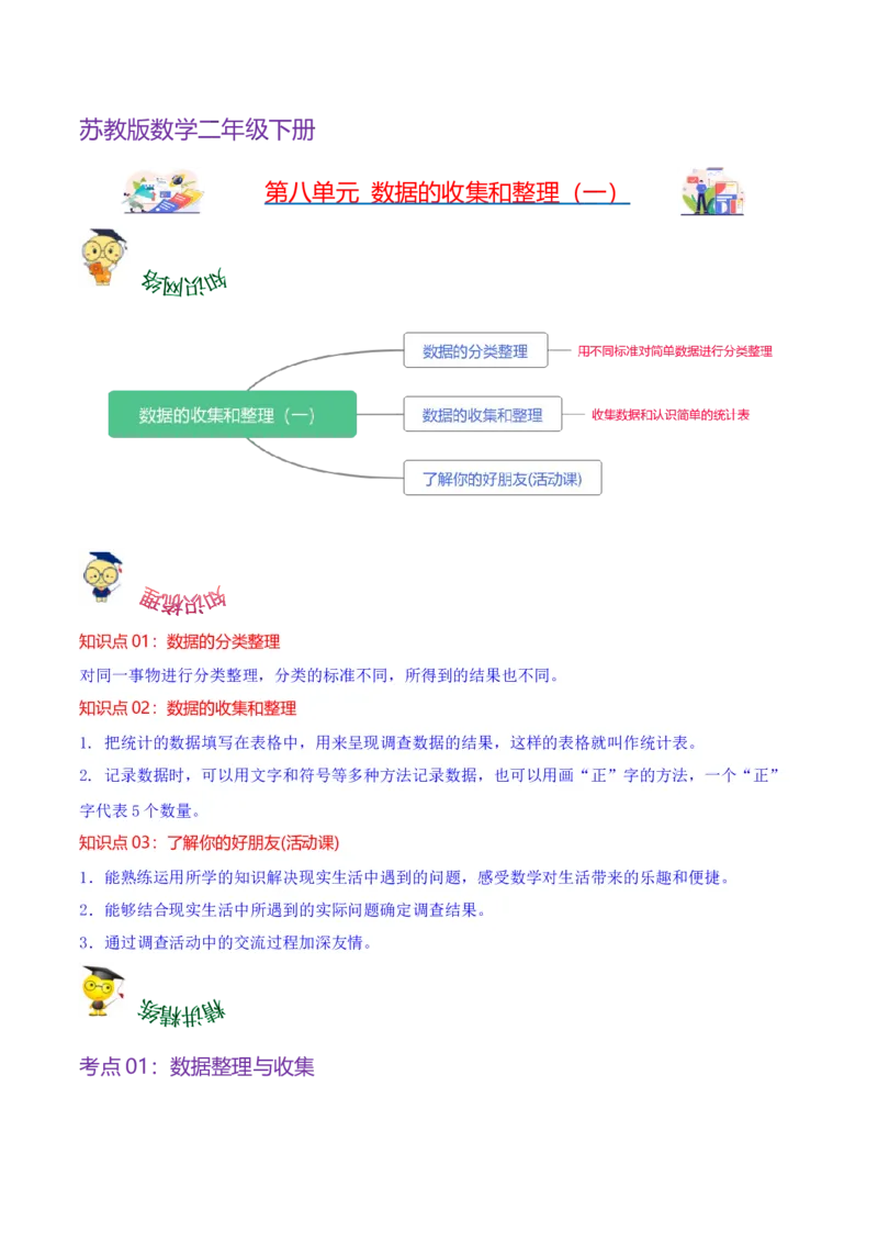 第八单元数据的收集和整理（一）（知识清单)（苏教版）_二年级数学下册（苏教版）_第四套_单元知识复习专项-K49_2024版