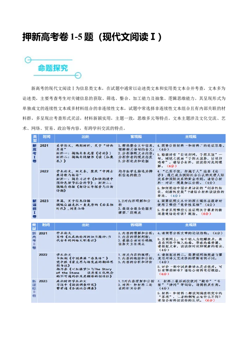 押新高考卷1-5题（现代文阅读Ⅰ）（原卷版）-备战2024年高考语文临考题号押题（新高考通用）_1.2025语文总复习_2024年新高考资料_5.2024三轮冲刺
