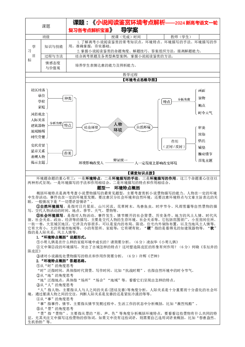专题04小说阅读鉴赏环境考点解析（教案）_01高考语文_新高考复习资料_2024年新高考资料_一轮复习资料_新高考语文一轮复习各考点解析宝鉴（课件+教案+学案+练习）_小说阅读