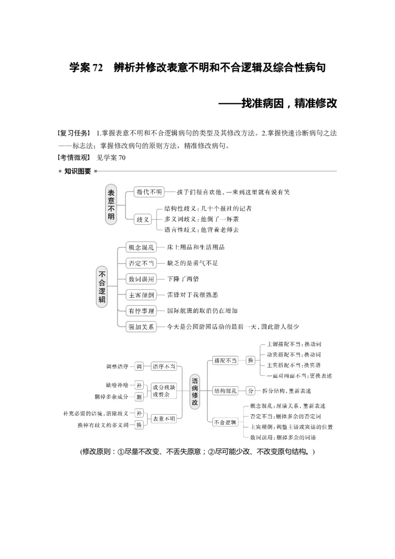 板块八　学案72　辨析并修改表意不明和不合逻辑及综合性病句&mdash;&mdash;找准病因，精准修改_01高考语文_5.22025年新高考资料_2025新高考一轮复习语文_配套Word版文档板块六~板块十