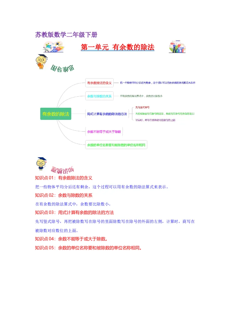 第一单元有余数的除法（教师版）-二年级数学下册单元复习讲义（苏教版）_二年级数学下册（苏教版）_第四套_知识总结