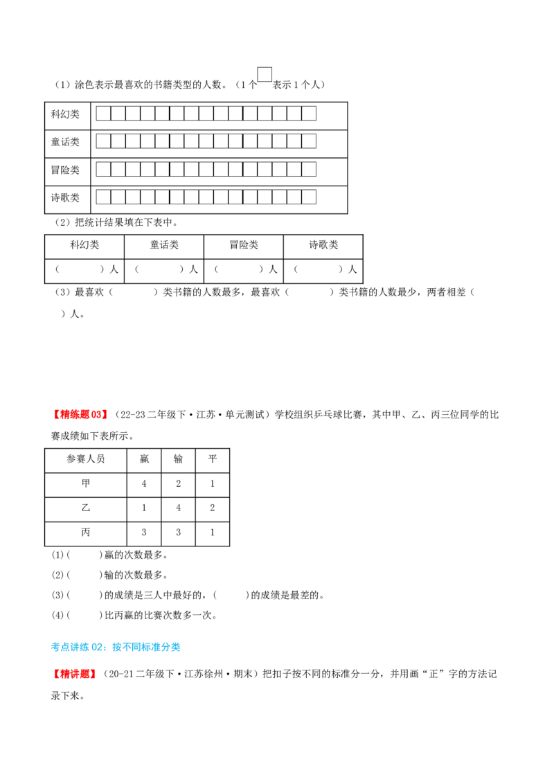 第八讲数据的收集和整理(一)（导图+知识精讲+易错点拨+2个考点讲练+难度分层练共28题）-（学生版）_二年级数学下册（苏教版）_第四套_母题专项练习-K36_2025版