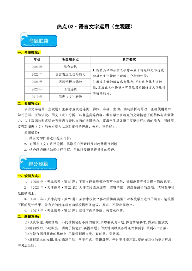 热点02语言文字运用（主观题）-2024年高考语文热点&middot;重点&middot;难点专练（天津专用）（原卷版）_01高考语文_4.22024年新高考资料_3.2024专项复习