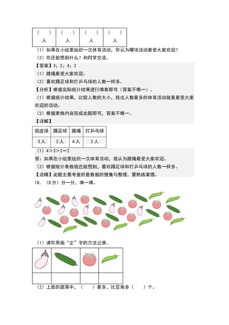 第八单元数据的收集和整理（一）（单元测试）-二年级数学下册（解析版）（苏教版）_二年级数学下册（苏教版）_第四套_单元测试