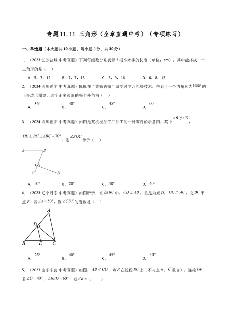 专题11.11三角形（全章直通中考）（专项练习）-（人教版）_初中数学_八年级数学上册（人教版）_专题突破练习-V4_2025版