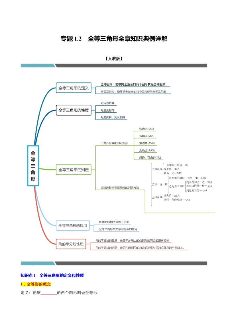 专题1.2全等三角形全章知识典例详解（必考点分类集训）（人教版）（学生版）_初中数学_八年级数学上册（人教版）_考点分类必刷题-U181