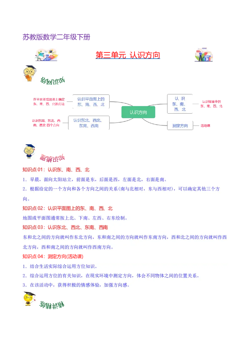 第三单元认识方向（知识清单)-（苏教版）_二年级数学下册（苏教版）_第四套_单元知识复习专项-K49_2024版