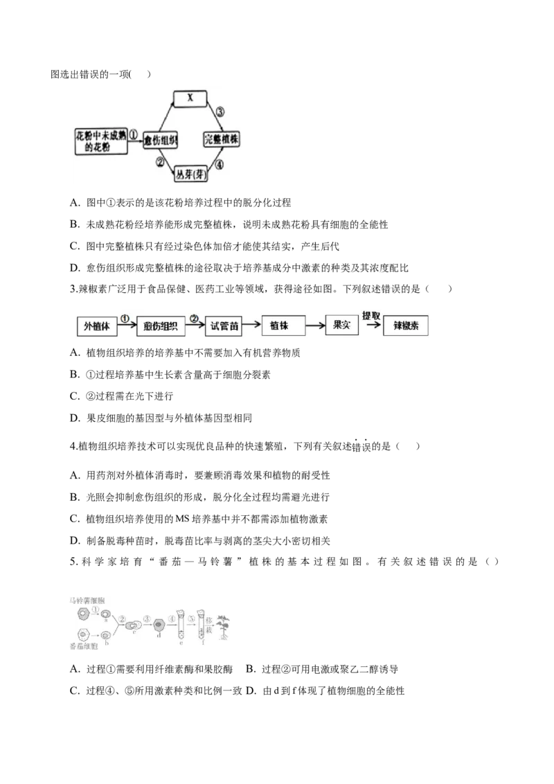 2.1植物细胞工程-高二生物课后培优分级练（人教版2019选择性必修3）（原卷版）_高中九科知识点归纳。_人教版高中Word电子版试卷练习试题知识点全科_高中生物试卷习题_生物选修_选修3