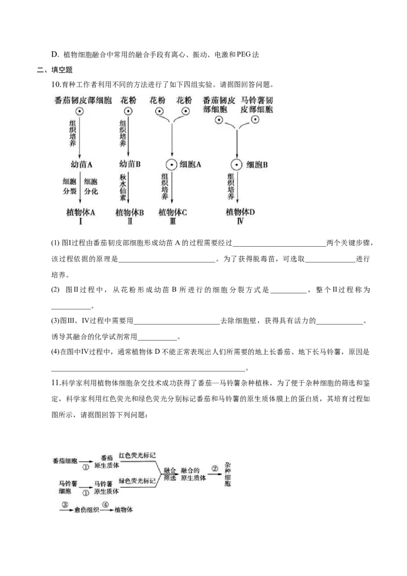 2.1植物细胞工程-高二生物课后培优分级练（人教版2019选择性必修3）（原卷版）_高中九科知识点归纳。_人教版高中Word电子版试卷练习试题知识点全科_高中生物试卷习题_生物选修_选修3