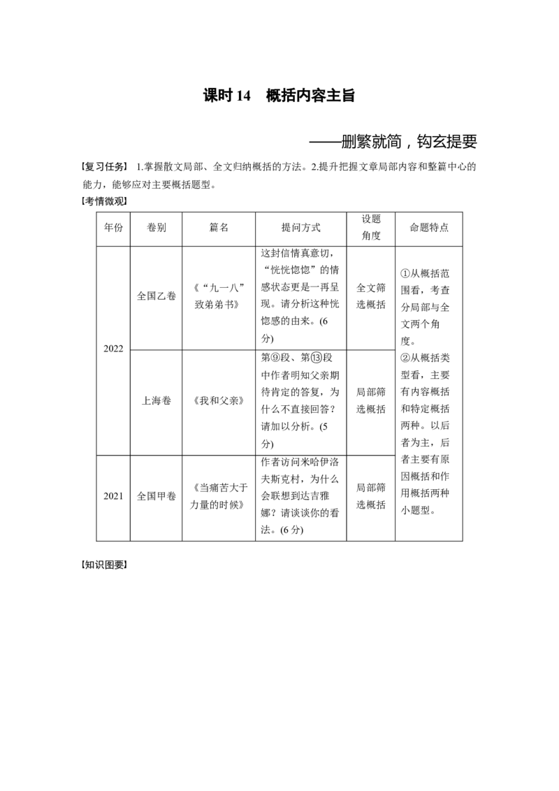 板块2散文阅读课时14　概括内容主旨&mdash;&mdash;删繁就简，钩玄提要_01高考语文_4.22024年新高考资料_1.2024一轮复习_2024年高考语文一轮复习讲义（部编新高考版）