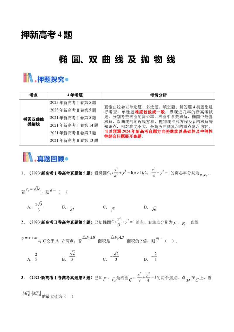 押新高考第4题椭圆、双曲线及抛物线（原卷版）_2.2025数学总复习_2024年新高考资料_5.2024三轮冲刺_备战2024年高考数学临考题号押题（新高考通用）323127423