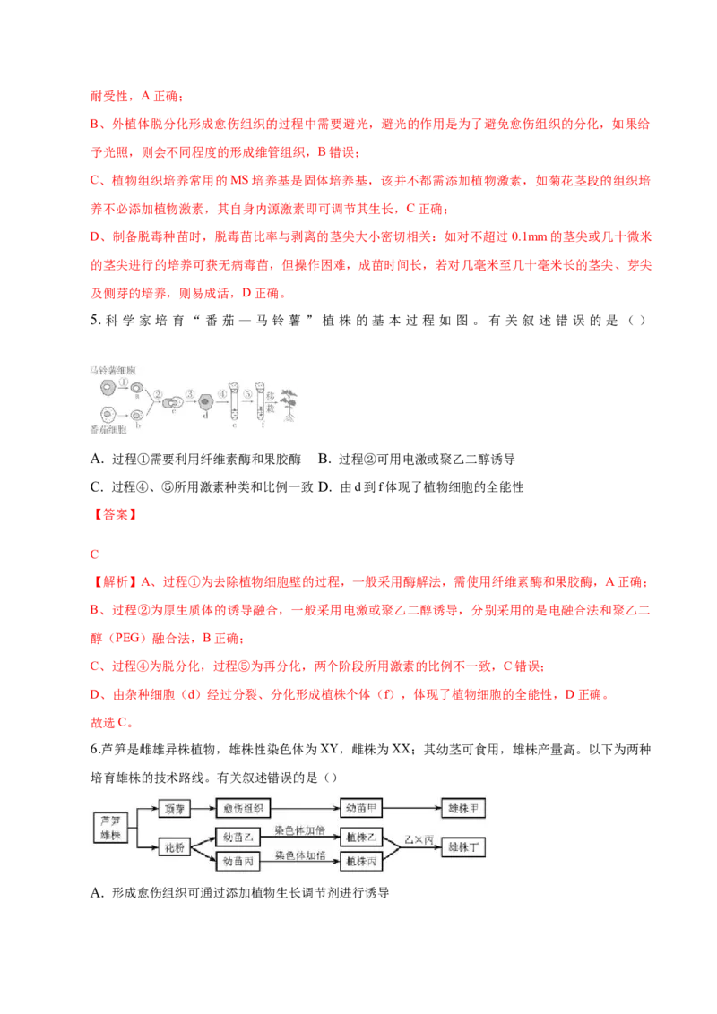 2.1植物细胞工程-高二生物课后培优分级练（人教版2019选择性必修3）（解析版）_高中九科知识点归纳。_人教版高中Word电子版试卷练习试题知识点全科_高中生物试卷习题_生物选修_选修3