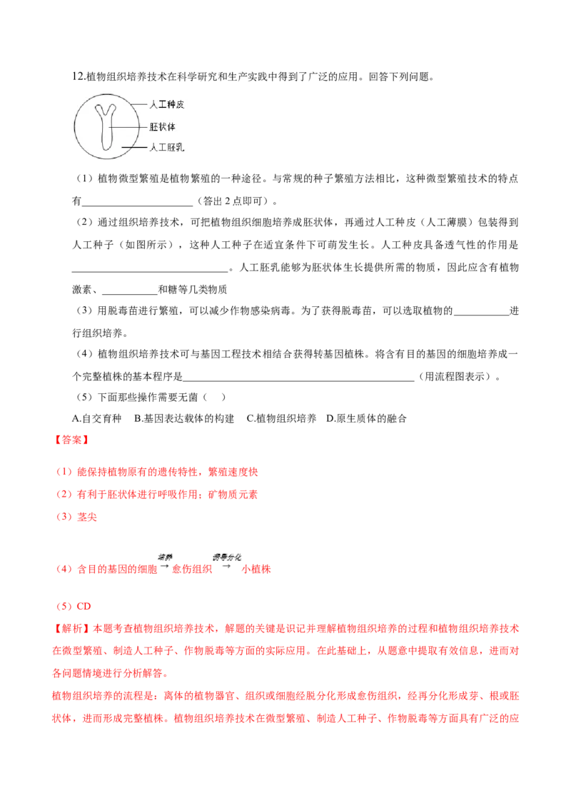2.1植物细胞工程-高二生物课后培优分级练（人教版2019选择性必修3）（解析版）_高中九科知识点归纳。_人教版高中Word电子版试卷练习试题知识点全科_高中生物试卷习题_生物选修_选修3