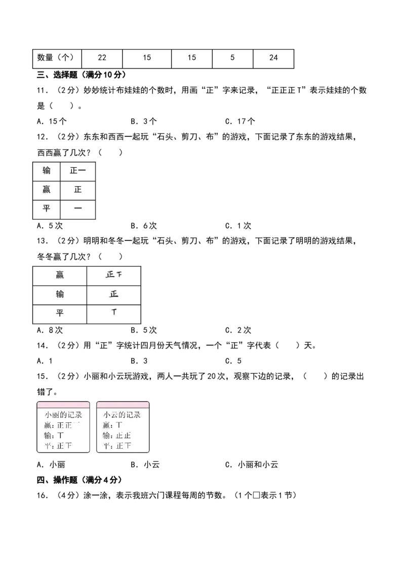 第八单元数据的收集和整理（一）（专项训练）（学生版）（苏教版）_二年级数学下册（苏教版）_第四套_期末总复习-K159