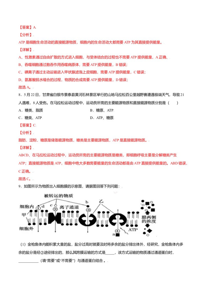 5.2细胞的能量&ldquo;货币&rdquo;&mdash;&mdash;ATP-高一生物课后培优练（人教版2019必修1）（解析版）_高中九科知识点归纳。_人教版高中Word电子版试卷练习试题知识点全科_高中生物试卷习题_生物必修_必修1