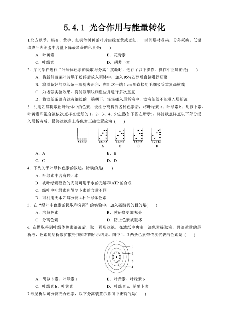 5.4.1光合作用与能量转化练习（1）（原卷版）_高中九科知识点归纳。_人教版高中Word电子版试卷练习试题知识点全科_高中生物试卷习题_生物必修_必修1_2.同步练习（第二套）24份