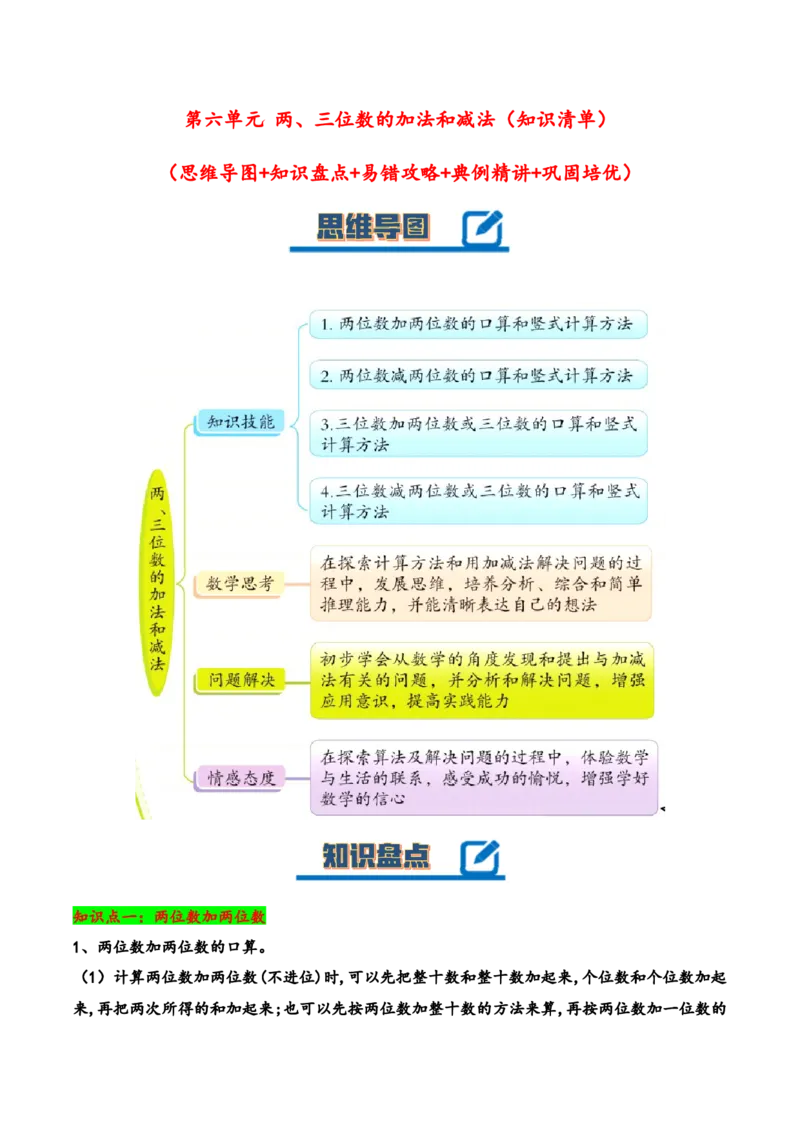 第六单元两、三位数的加法和减法（知识清单）-二年级数学下册（苏教版）_二年级数学下册（苏教版）_第四套_知识总结