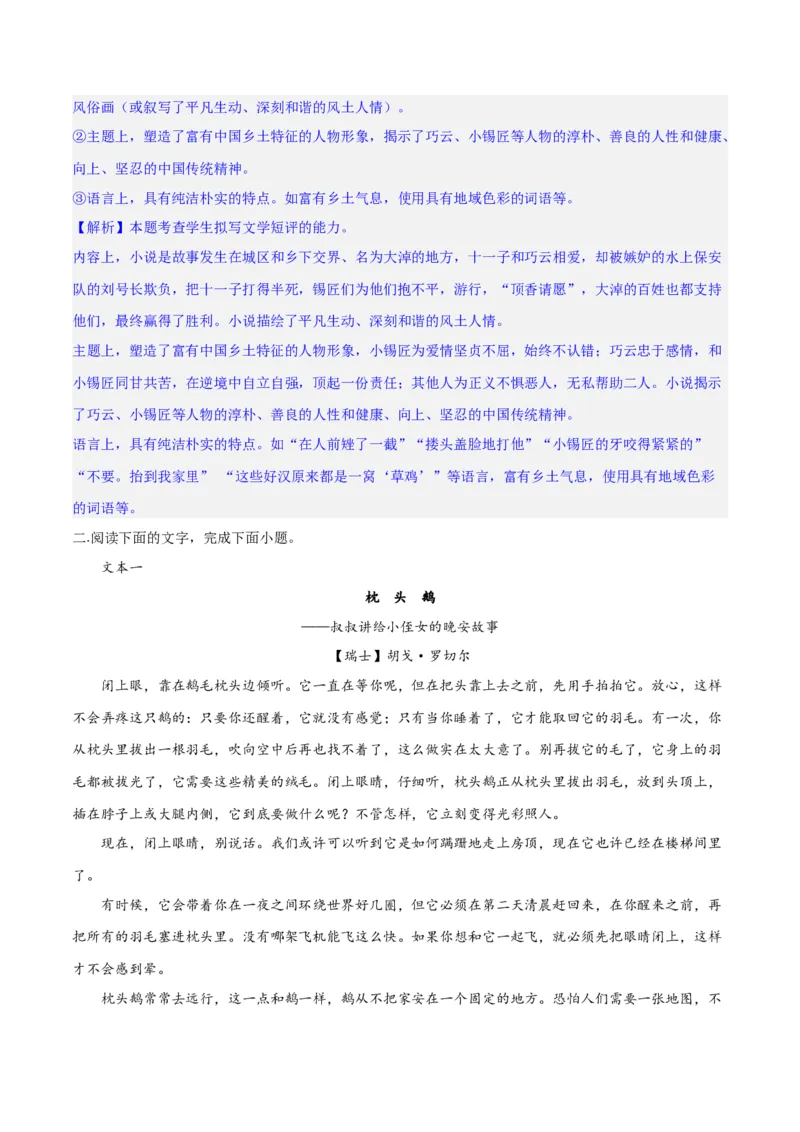 专题11小说的反套路题型（练习）-2024年高考语文二轮复习讲练测（新教材新高考）(解析版)_01高考语文_4.22024年新高考资料_2.2024二轮复习