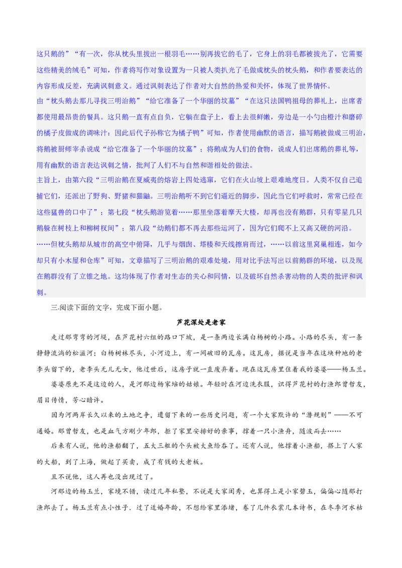 专题11小说的反套路题型（练习）-2024年高考语文二轮复习讲练测（新教材新高考）(解析版)_01高考语文_4.22024年新高考资料_2.2024二轮复习