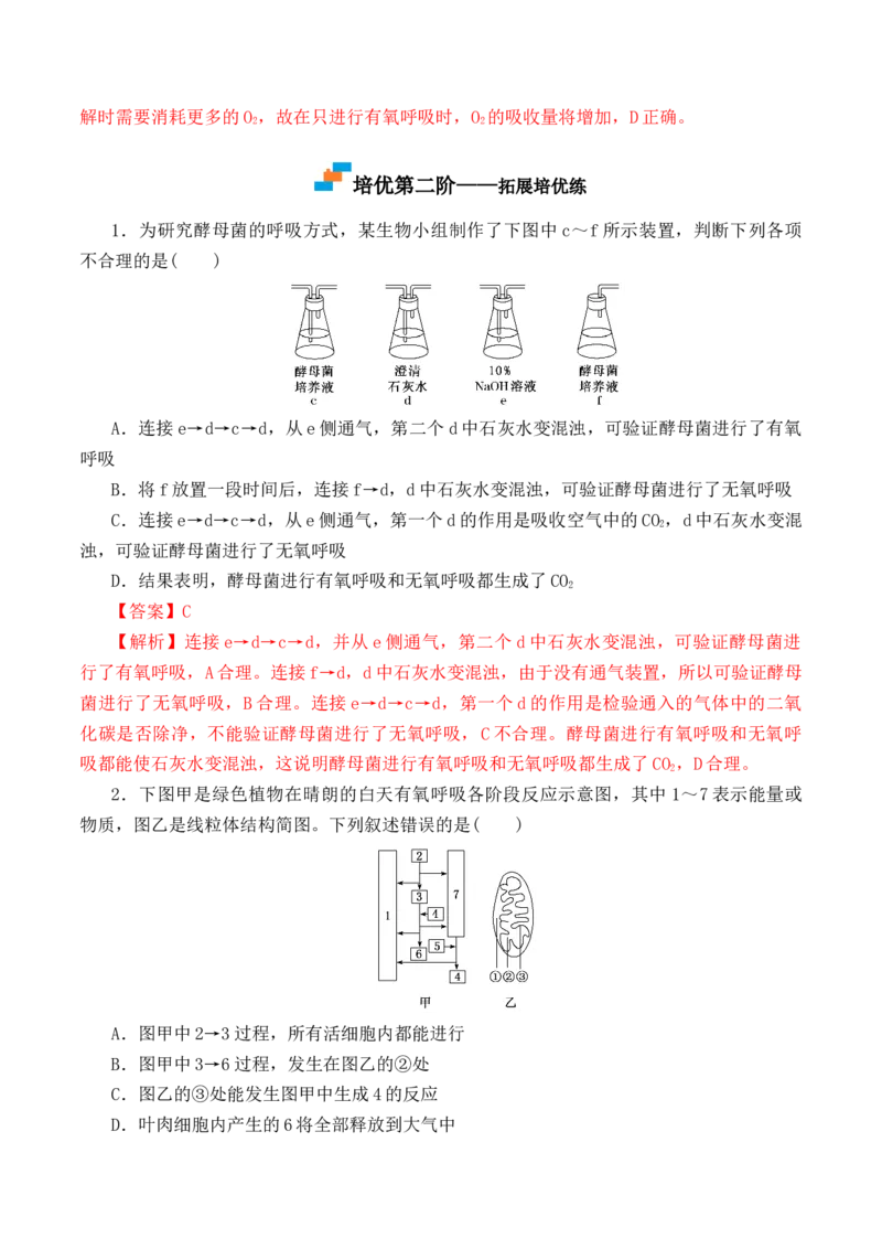 5.3细胞呼吸的原理和应用-高一生物上学期课后培优分级练（2019人教版必修1）（解析版）_高中九科知识点归纳。_人教版高中Word电子版试卷练习试题知识点全科_高中生物试卷习题_必修1