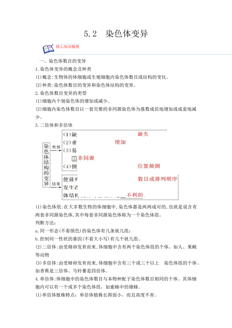 5.2染色体变异（原卷版）_高中九科知识点归纳。_人教版高中Word电子版试卷练习试题知识点全科_高中生物试卷习题_生物必修_必修2_人教版生物必修二同步练习（057份）_2、课后培优练
