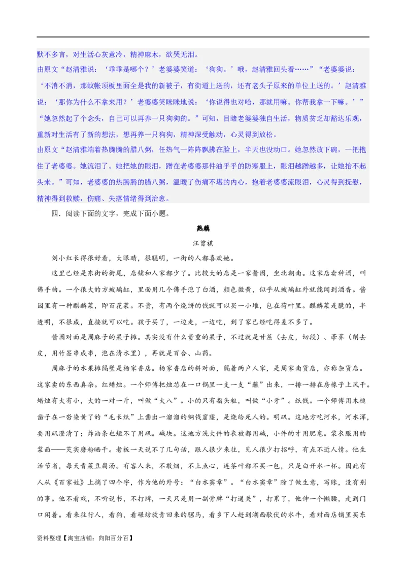 专题08小说形象的理解与分析（练习）-2024年高考语文二轮复习讲练测（新教材新高考）（解析版）_01高考语文_新高考复习资料_2024年新高考资料_二轮复习资料_配套练习
