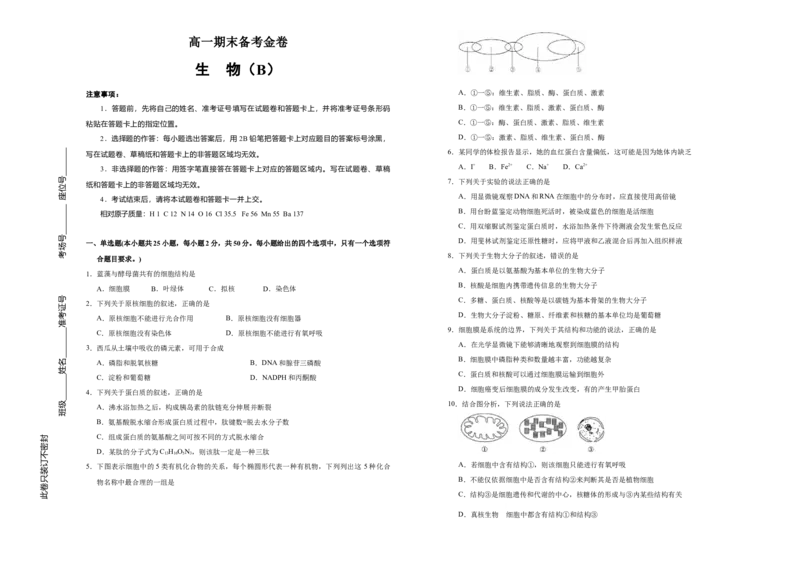 上学期高一期末备考金卷生物（B卷）学生版_高中九科知识点归纳。_人教版高中Word电子版试卷练习试题知识点全科_高中生物试卷习题_生物必修_必修1_1.模拟题