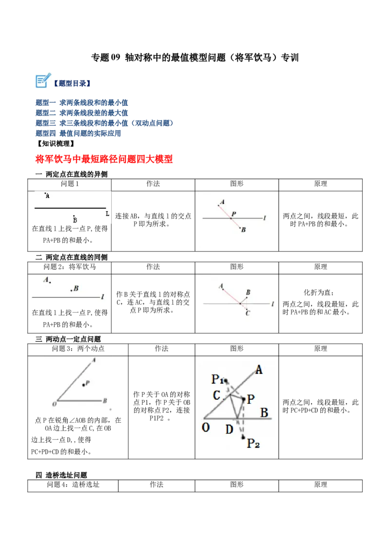 专题09轴对称中的最值模型问题（将军饮马）专训（学生版）_初中数学_八年级数学上册（人教版）_重难点专题提升-V7_2024版