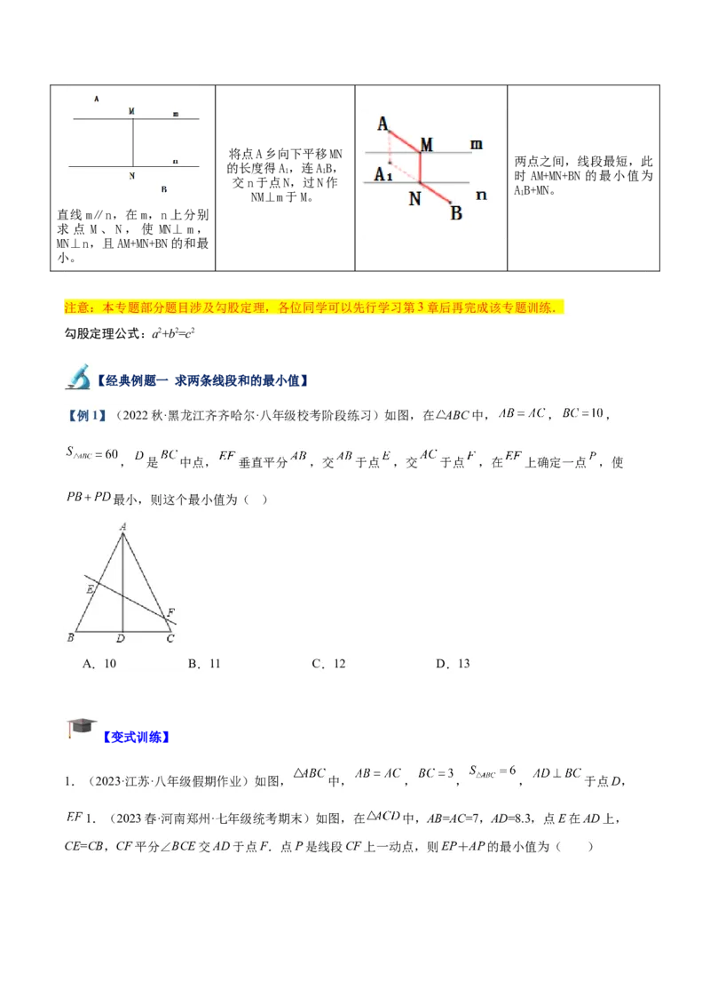 专题09轴对称中的最值模型问题（将军饮马）专训（学生版）_初中数学_八年级数学上册（人教版）_重难点专题提升-V7_2024版