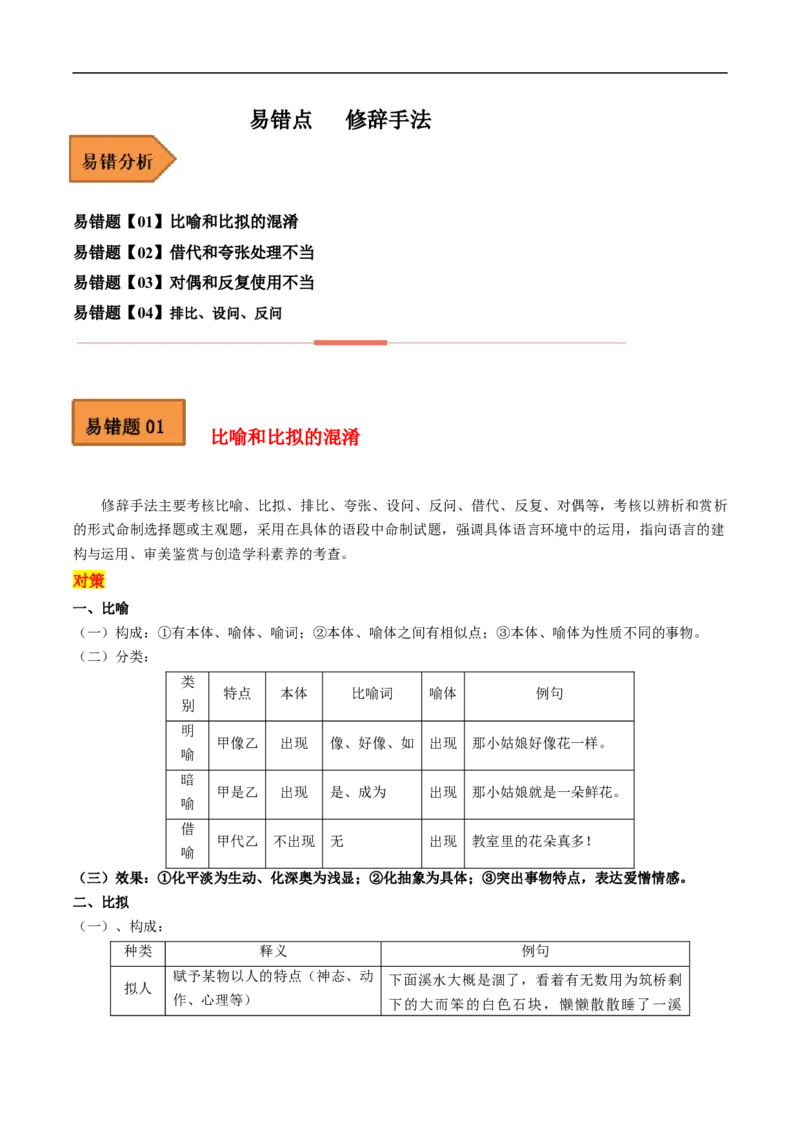 易错点18修辞手法-备战2023年高考语文考试易错题（全国通用）（解析版）_01高考语文_6赠通用版（老高考）复习资料_专项复习_备战2023年高考语文考试易错题（全国通用）