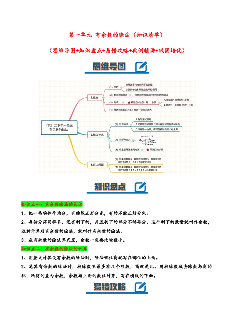 第一单元有余数的除法（知识清单）-二年级数学下册（苏教版）_二年级数学下册（苏教版）_第四套_知识总结