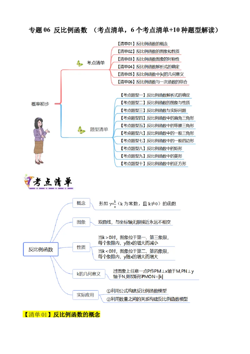 专题06反比例函数（考点清单，6个考点清单+10种题型解读）教师版_初中数学_九年级数学上册（人教版）_期末专项复习-U276_2025版