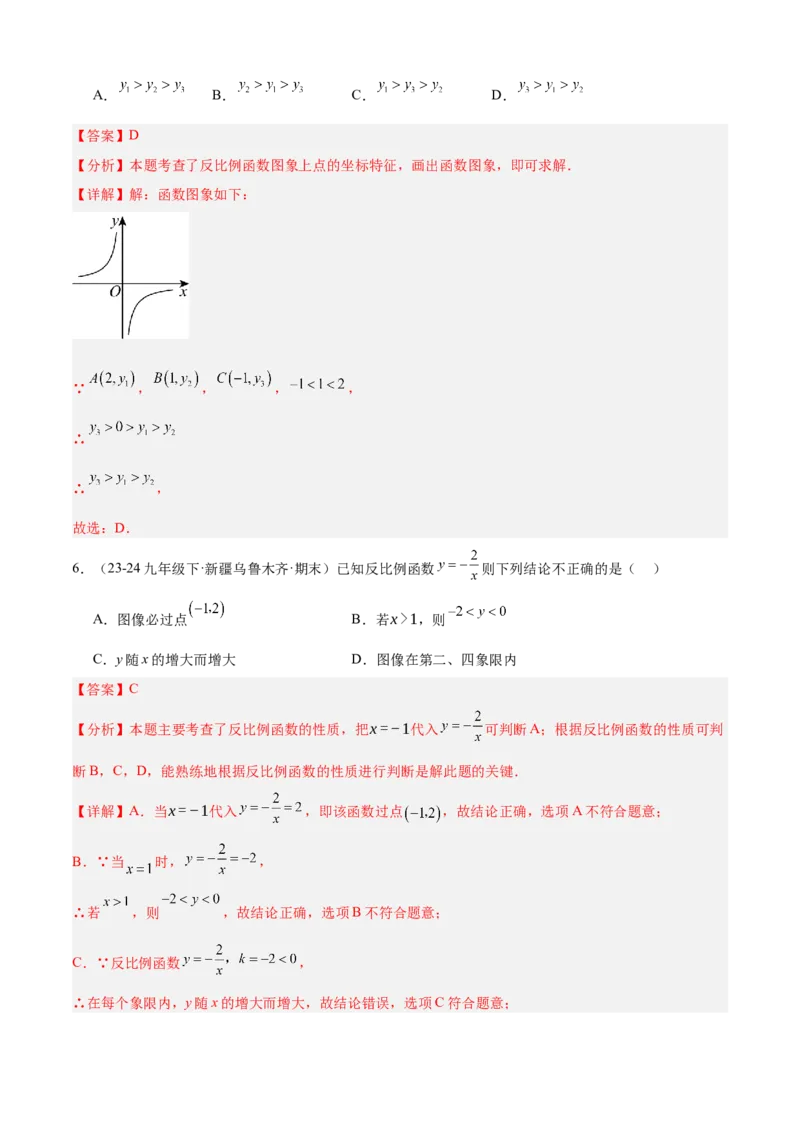 专题06反比例函数（考点清单，6个考点清单+10种题型解读）教师版_初中数学_九年级数学上册（人教版）_期末专项复习-U276_2025版