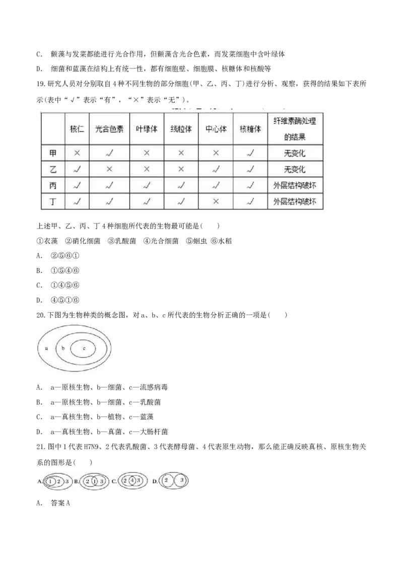 1.2.1细胞的多样性和统一性同步练习（1）（原卷版）_高中九科知识点归纳。_人教版高中Word电子版试卷练习试题知识点全科_高中生物试卷习题_生物必修_必修1_2.同步练习（第二套）24份