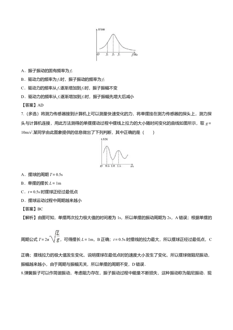 2.6受迫振动共振-2022-2023学年高二物理课后练（人教版2019）（解析版）_高中九科知识点归纳。_人教版高中Word电子版试卷练习试题知识点全科_高中物理试卷习题_物理选修_选修1