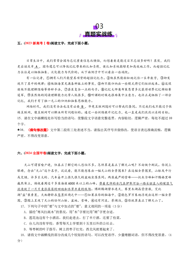 专题24病句修改题（练习）（原卷版）_01高考语文_52025年新高考资料_二轮复习_01高考语文等多个文件_上好课2025年高考语文二轮复习讲练测（新高考通用）