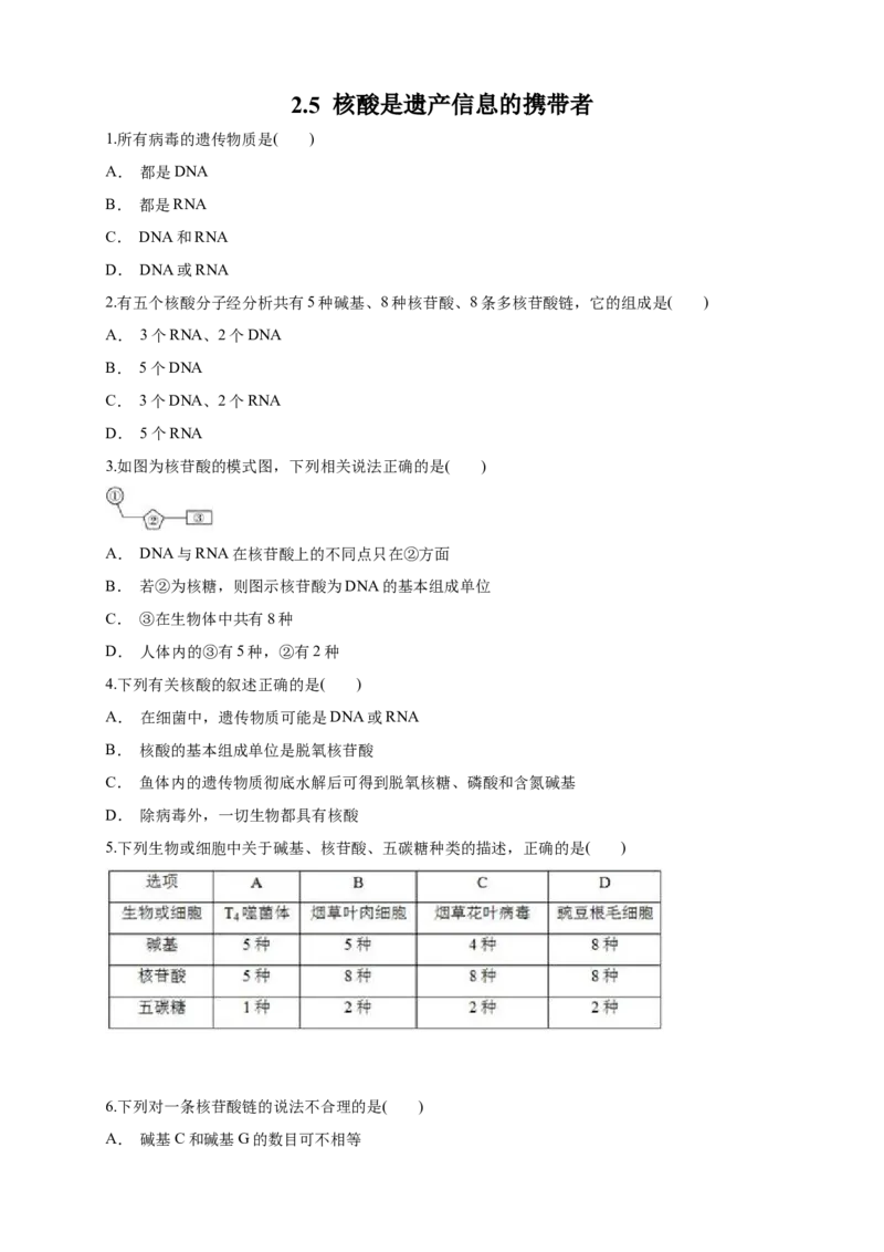 2.5核酸是遗传信息的携带者练习（1）（原卷版）_高中九科知识点归纳。_人教版高中Word电子版试卷练习试题知识点全科_高中生物试卷习题_生物必修_必修1_2.同步练习（第二套）24份