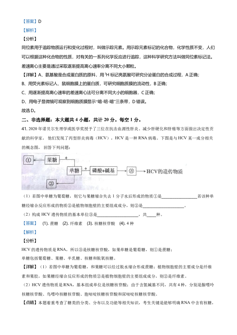 精品解析：江苏省南京市高一上学期期末学情调研生物试题（解析版）_高中九科知识点归纳。_人教版高中Word电子版试卷练习试题知识点全科_高中生物试卷习题_生物必修_必修1_2.各地真题