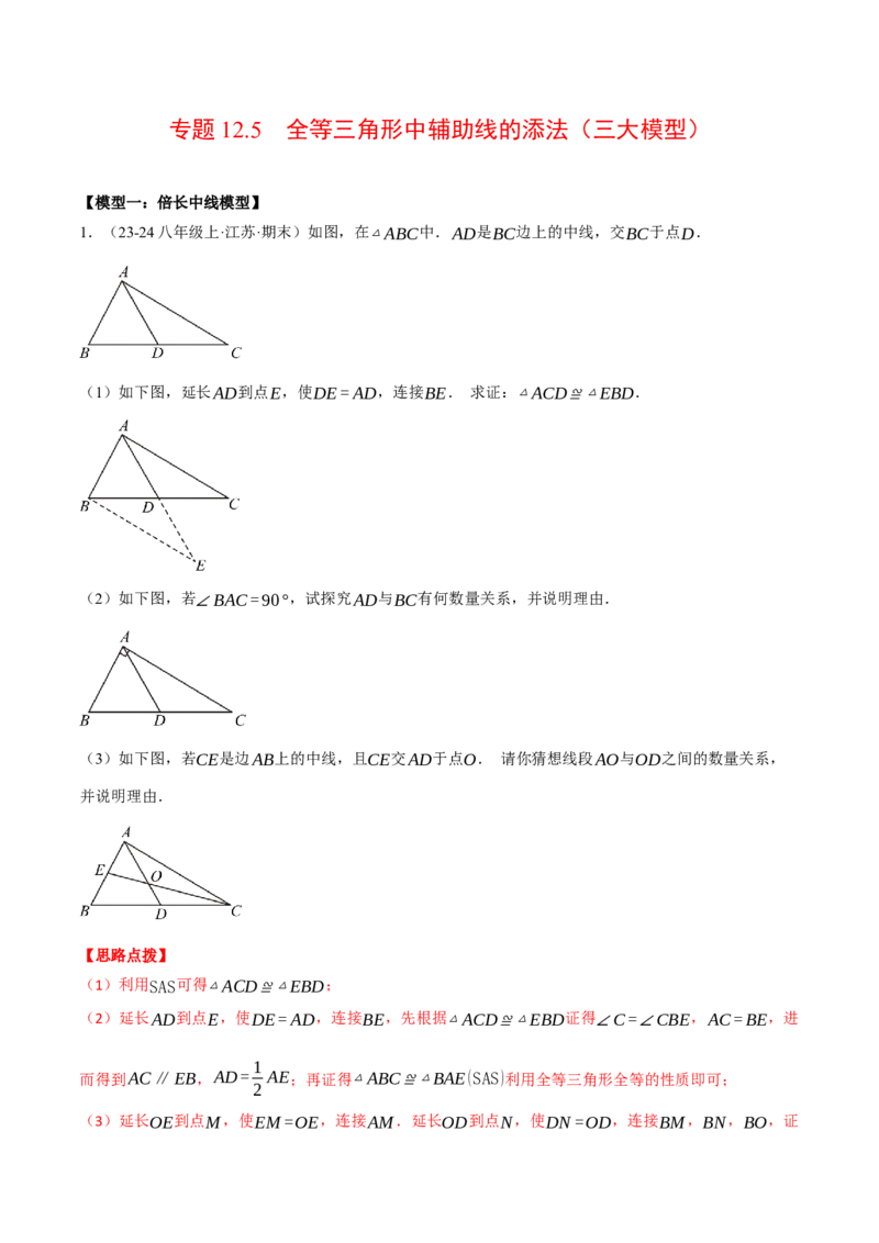 专题12.5全等三角形中辅助线的添法（三大模型）（压轴题专项讲练）（人教版）（教师版）_初中数学_八年级数学上册（人教版）_压轴题专项-V5_2025版